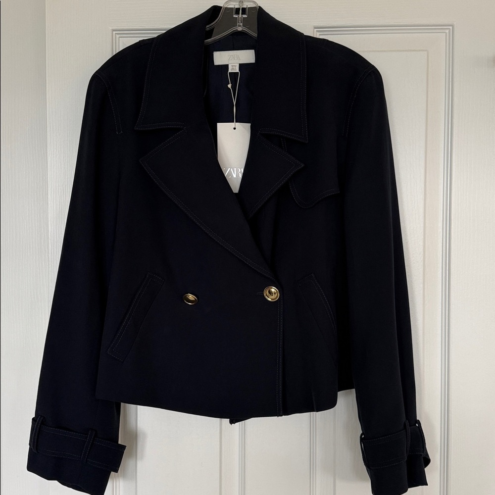 ZARA Navy Double-Breasted Trench-Style Jacket Gold Buttons NWT - Size Large